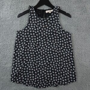 Ann Taylor LOFT Top Womens XS Black Floral Ruffle Tiered Keyhole Back Sleeveless